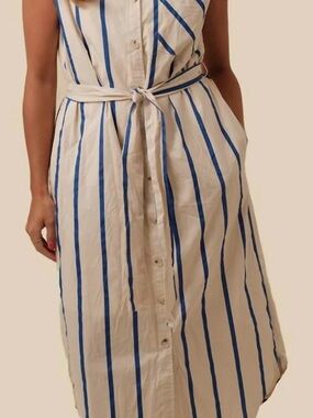 “Anchors Away” Natural Blue Stripe Belted Midi Dress In Cream/Blue